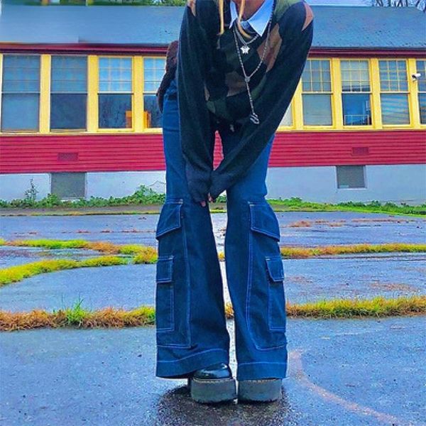 

women's jeans bold shade street style indie boyfriend baggy pants 90s vintage y2k pockets wide legs unicolor women high waist trousers, Blue