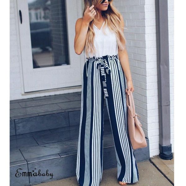 

women's pants & capris summer fashion women high waist casual 2021 wide leg loose belt striped trousers, Black;white