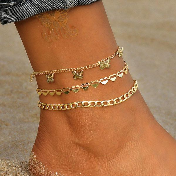

anklets 3 pcs/set butterfly charm anklet for women ankle bracelets cute jewelry girls foot chain beach accessories, Red;blue
