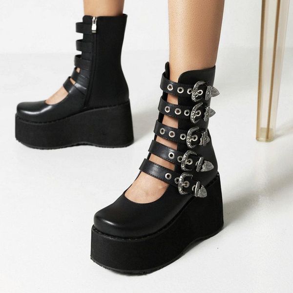 

boots punk rock retro women ankle thick heel 2021 spring summer platform block black for night club