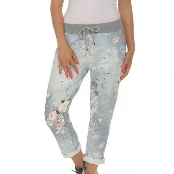 

women's pants & capris flower print women jeans side pockets tights elastic waist lace-up casual for daily wear fashion blue xxl, Black;white