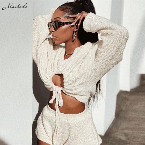 

women's tracksuits macheda autumn white fashion set women hollow out o neck long sleeve and high waist shorts outfits street casual 2 p, Gray