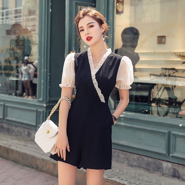 Mulheres macacões casuais de perna larga macacão manga curta V pescoço Ruffles Patchwork Playsuits Summer Beach Jumpsuits 210518