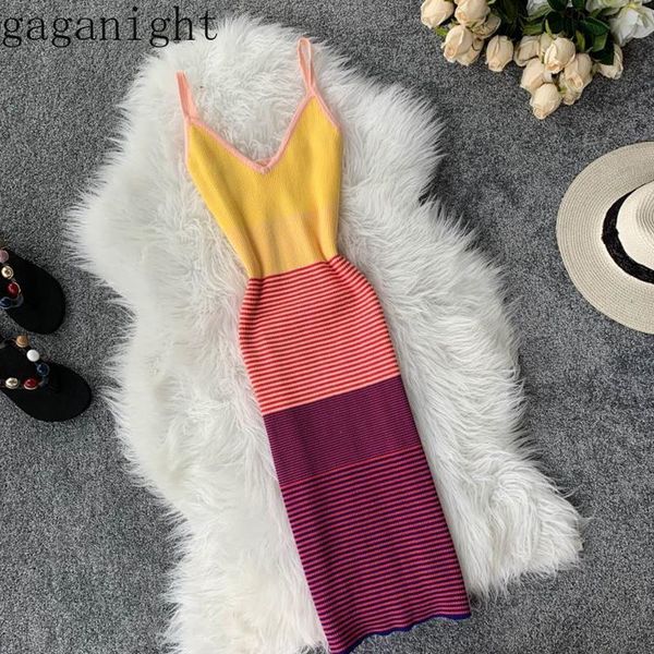 

gaganight knitted women mini dress spaghetti strap sleeveless bodycon dresses girls patchwork color striped slim party dress 210519, Black;gray