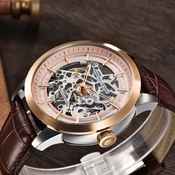 

watch pagani design brand fashion leather skeleton gold sports and leisure waterproof mechanical for men, Slivery;brown