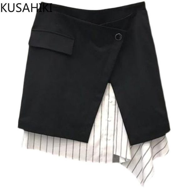 

skirts womens high waist elegant mini a-line skirt 2021 spring irregular stripe patchwork faldas mujer moda 6g492, Black