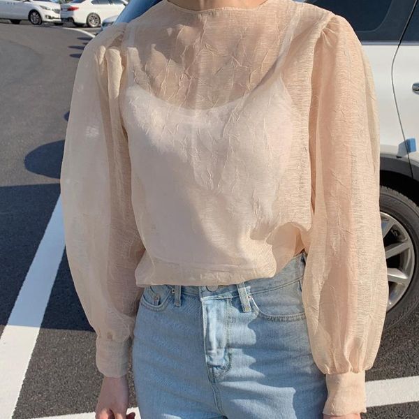 

women's blouses & shirts long-sleeved shirts, retro , mesh slightly transparent see-through blusa and 14339, White
