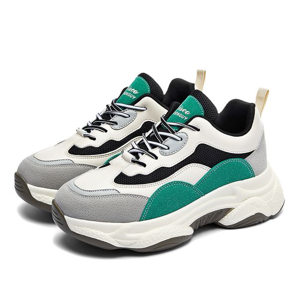 

mesh + leather casual shoes fashion thick bottom sports style women's sneakers leisure net celebrity outdoor green trainers retro cool, Black