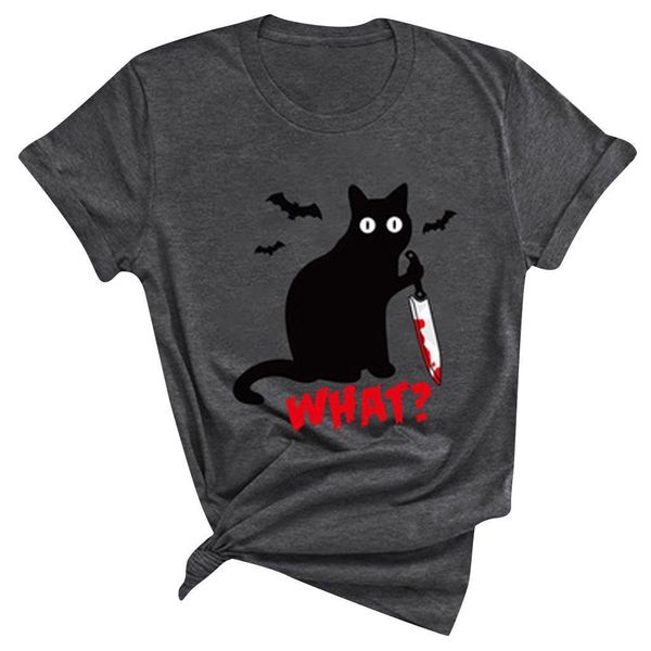 

femme camisetas verano mujer black womens cat what petal sleeve murderous knife women funny t shirt short halloween tees, White