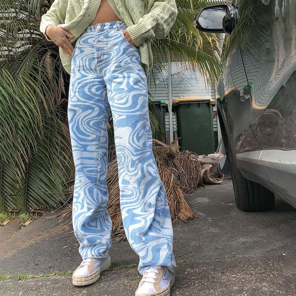 

retro zebra printed y2k denim jean women vintage streetwear loose high waisted baggy mom jeans streetwear trousers ins stripe, Blue