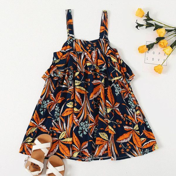

floral print girls dresses layered children for girl a line sling summer dress cute clothes costume kids 2021 girl's, Red;yellow