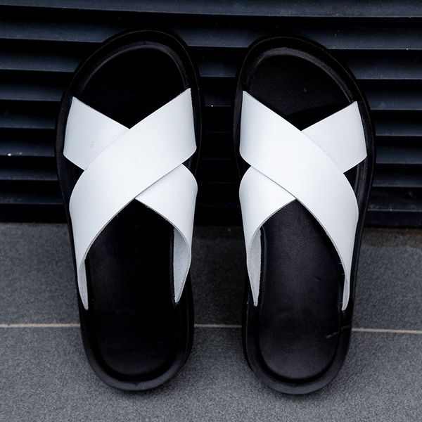 

summer mens slippers men pu leather classic roman open-toed slides outdoor casual beach sandals male flip flops, Black