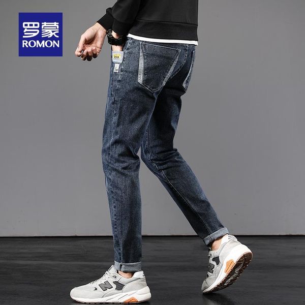 

romon men's jeans autumn thick slim stretch youth korean fashion casual pants, Blue