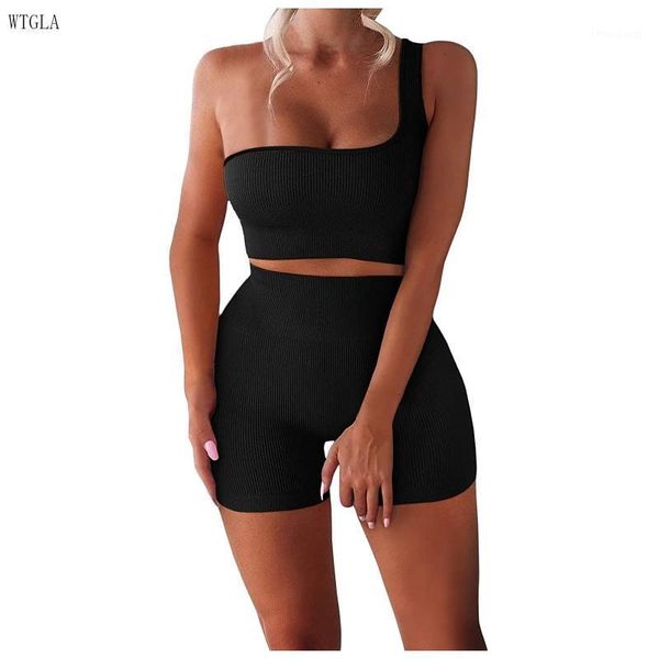 

women's tracksuits 2021 fashion one shoulder high-waisted short sets woman sports shorts workout set clothing with high waist, Gray