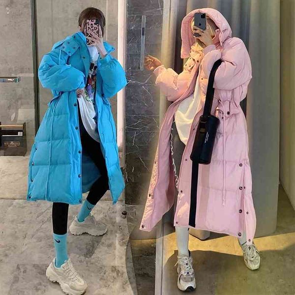 

large women's loose thickened long down jacket 2021 new hooded autumn and winter trend, Black