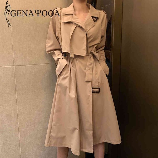 

genayooa winter casual sleeve streetwear women long trench coat with belt women's windbreaker 210417, Tan;black