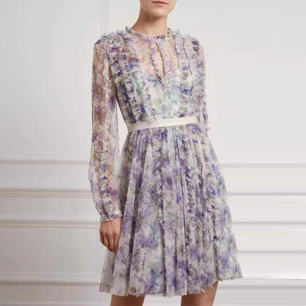 

casual dresses romantic purple fairy mesh floral printed chiffon dress lady temperament elegant ruffles mini 2021 british fashion brand, Black;gray