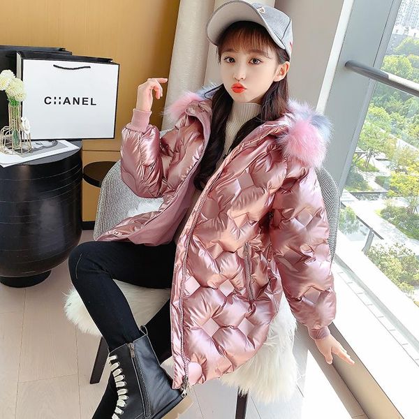 

down coat shiny girls parkas winter kids light-reflecting jacket hoodies children's clothing warm teenager cotton 4-14yrs, Blue;gray