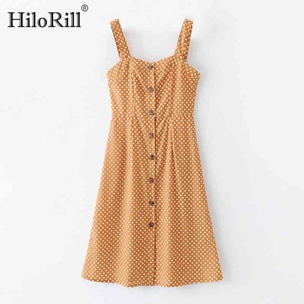

spaghetti strap polka dot dress women backless beach button knee length casual summer robe femme 210508, Black;gray