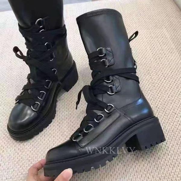 

boots platform mid calf women autumn winter thick sole genuine leather stretch fashion slimming over the knee, Black