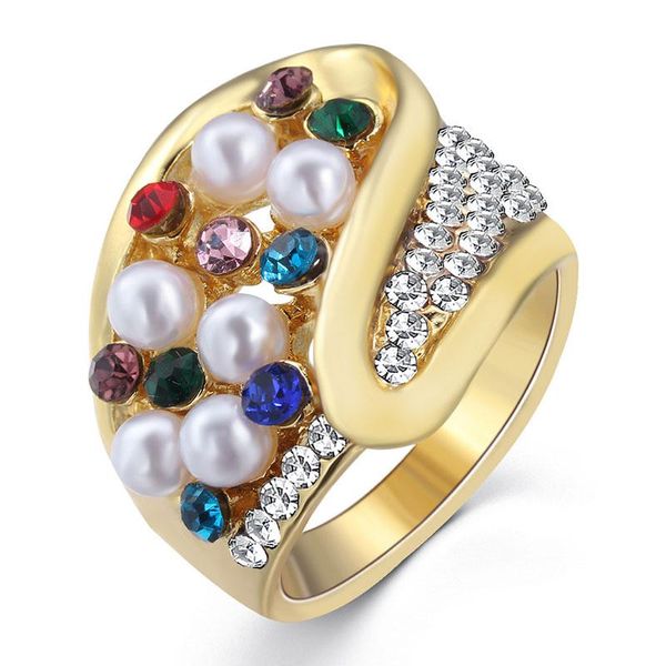 

cluster rings trendy rainbow pearl crystal for women fashion gold engagement irregular ring woman's accessories wedding jewelry gifts, Golden;silver