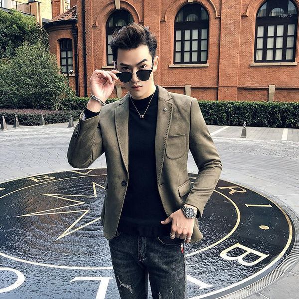 

men's suits & blazers 2021 autumn suede blazer single button jackets male solid slim fit coats men long sleeve business casual outwear, White;black