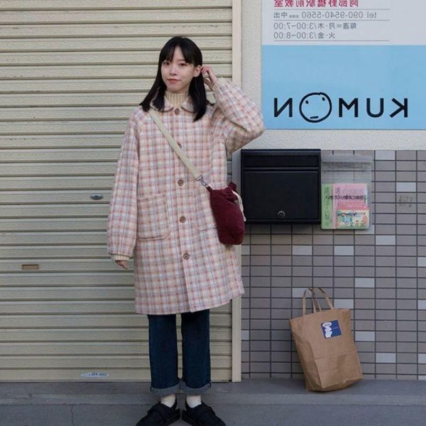 

women's wool & blends 2021 winter pink plaid coat medium long loose lovely student turn down collar, Black