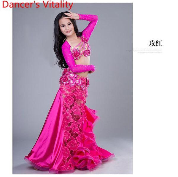 

stage wear children belly dance costumes child ballroom performance clothes long sleeves bra+skirt girls suit on the qvgp, Black;red
