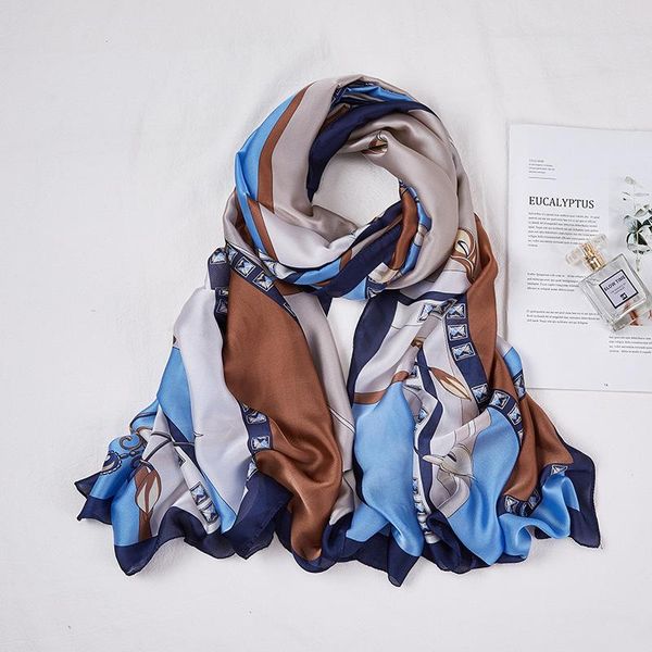 

spring satin long scarf 180 printed silk women's sunscreen shawl opening gift four seasons decorate scarves, Blue;gray