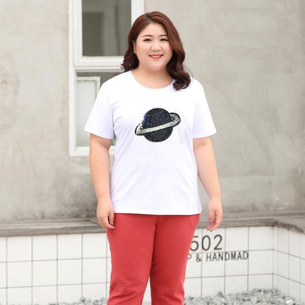 

plus size t-shirt short-sleeved female summer clothing 2021 korean fashion sequins planet casual loose 5xl white women, Black
