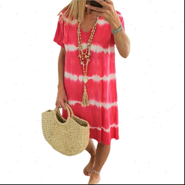 

casual tie dye womens dress short sleeve print dresses summer v neck loose boho sun beach plus, Black;gray