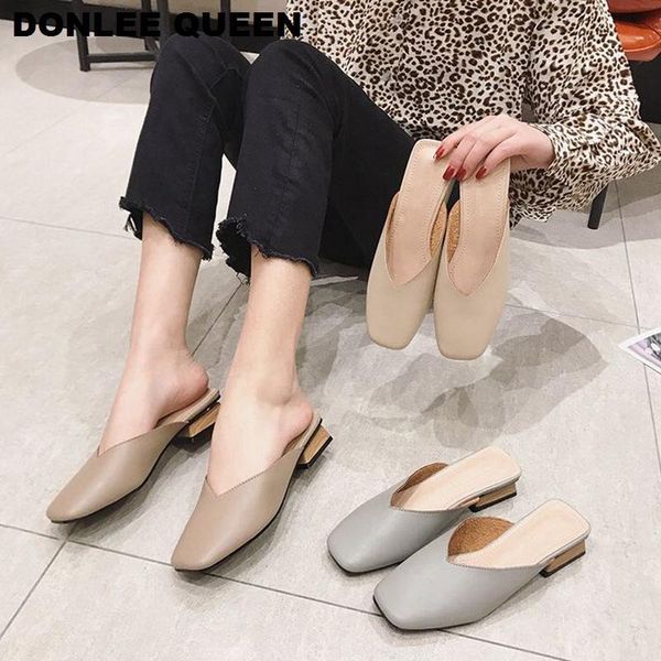 

slippers women square toe low heel outside ladies slides mules shoes casual loafer summer, Black