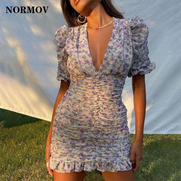 

casual dresses normov fashion elegant print dress boho floral lady street puff sleeve v neck slim women summer club party beach, Black;gray