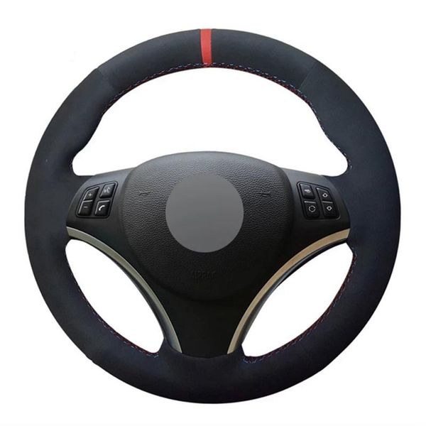 

steering wheel covers hand-stitched non-slip black genuine leather suede car cover for e90 e91 e92 e93 e87 e81 e82 e88 x1 e84
