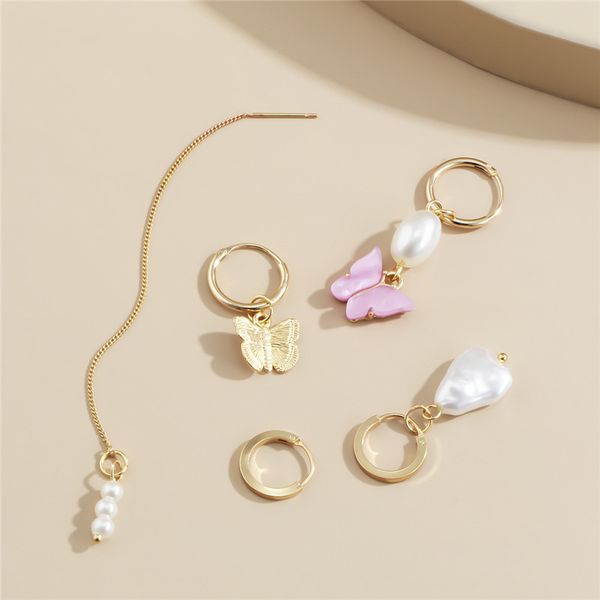 

retro imitation pearl tassel butterfly charms acrylic alloy chain beaded ear buckle women party gift animal dangle earrings jewelry sets who, Golden