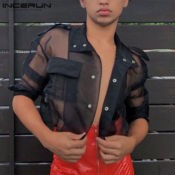 

men's casual shirts 2021 men shirt mesh see through lapel long sleeve streetwear crop button fashion party nightclub camisas s-5xl, White;black