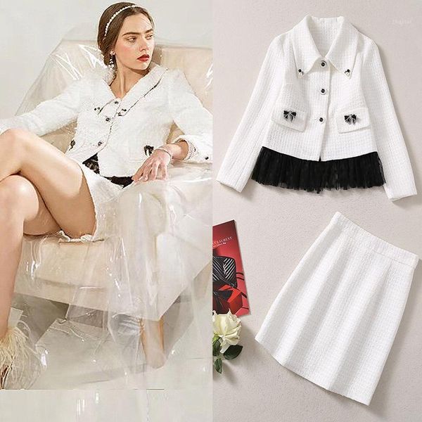 

two piece dress long sleeve lapel coat small sweet bowknot gauze skirt suit a pendulum fashion, White