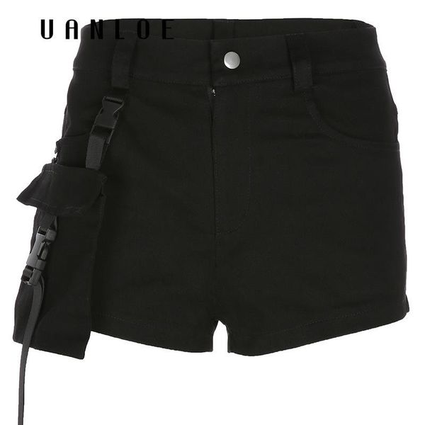 

women's shorts streetwear buckle pockets patchwork women black high waist bodycon short femme 2021 summer, White;black