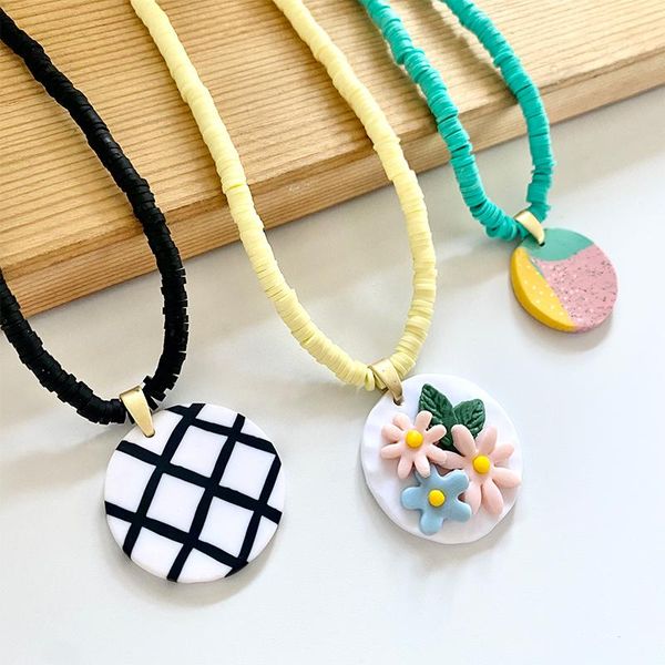 

pendant necklaces polymer clay necklace women multicolor textured geometric bohemian statement jewelry for holiday gift party, Silver