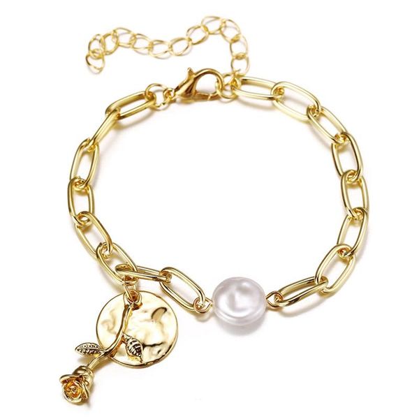 

charm bracelets 2021 punk chain for women boho gold color imitation pearl rose bangles fashion jewelry, Golden;silver