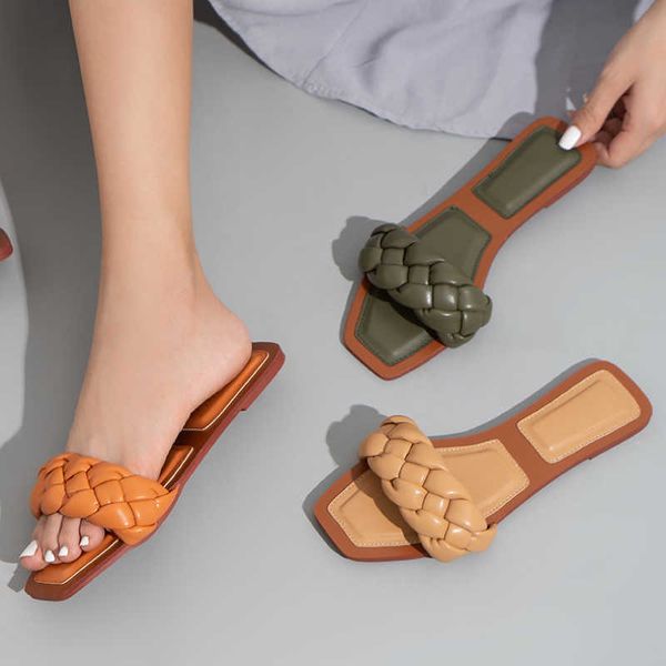 

women square toe slippers 2021 summer woman weave slides women's comfortable flats ladies casual female beach shoes plus size y0731, Black