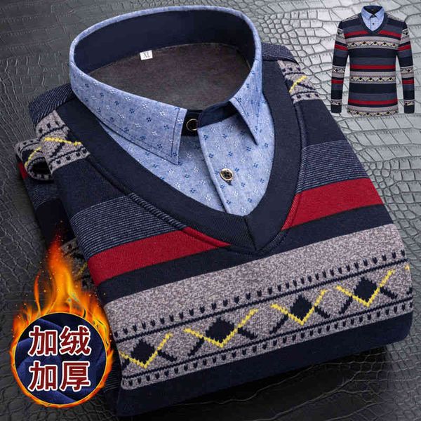 

5xl autumn winter men fce shirt-collar 2021 new fashion grid printed thick warm male veet thicken sweater, White;black