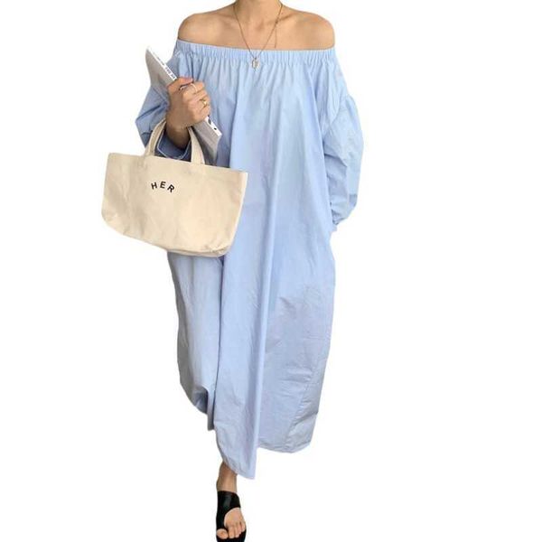 

getspring women dress lantern sleeve slash neck off shoulder cotton long black blue shirt es loose 210601, Black;gray