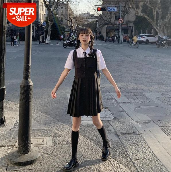 

fashion temperament korean style college pure vest shirt + pleated skirt two-piece suit #eg2v, Black