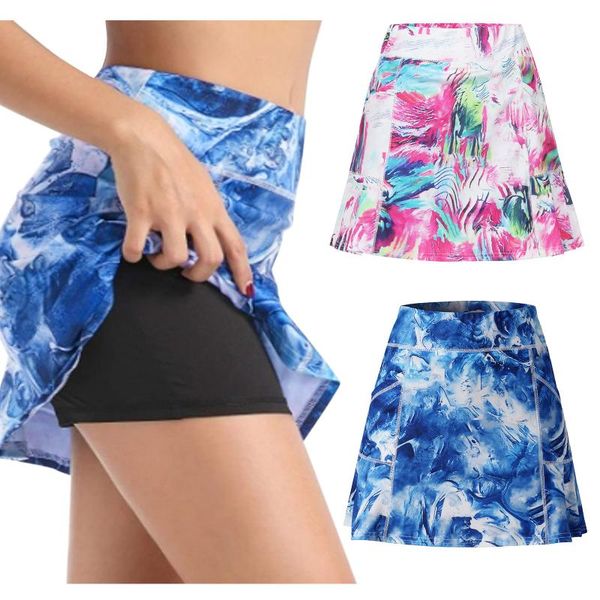 

women's shorts 2 in 1 tie dye tennis sports summer women slim skirt fitness running workout pocket gym skirts, White;black