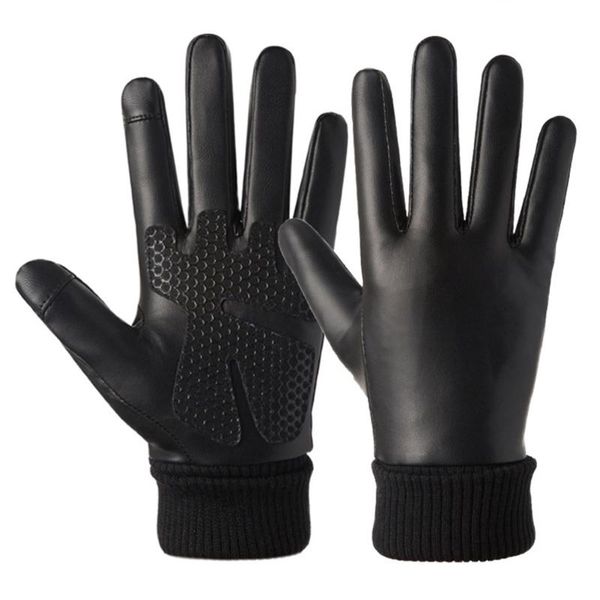 

cycling gloves touchscreen full finger winter warm women men pu leather fleece running outdoor sports windproof thermal glove, Black