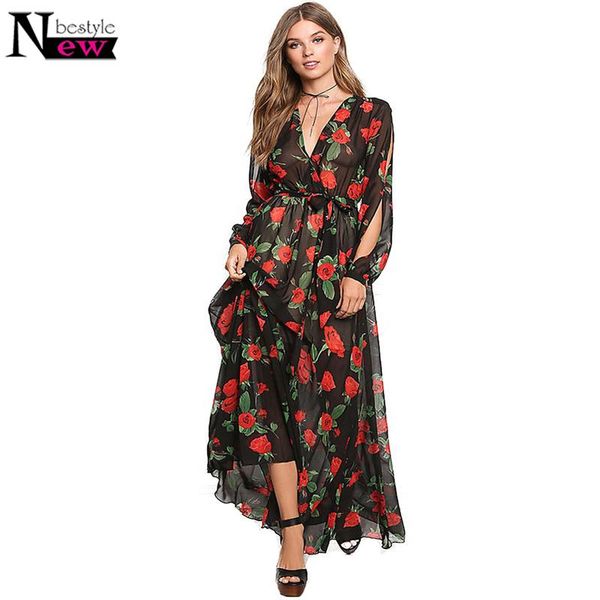 

casual dresses elegant long dress women v neck chiffon beach floral print vintage black slim maxi vestido flower sundress, Black;gray
