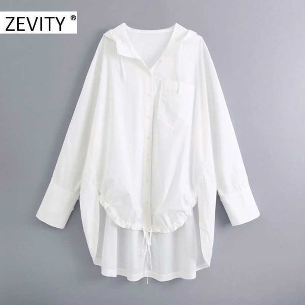 

zevity women fashion white color casual loose hooded blouse shirt women pocket patch drawstring chic femininas ls7098 210603