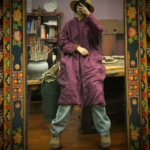 

johnature autumn winter loose retro stand double layer women robe plate buckle comfortable plus size long sleeve dress 210521, Black;gray