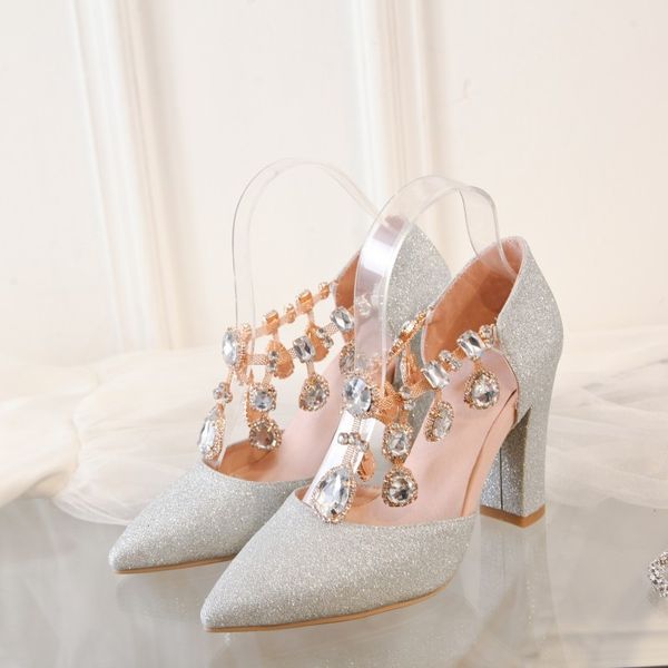 

slippers wristband hollow anklet high heels pointed thick heel wedding dress shoes banquet bride sandals women pab6, Black